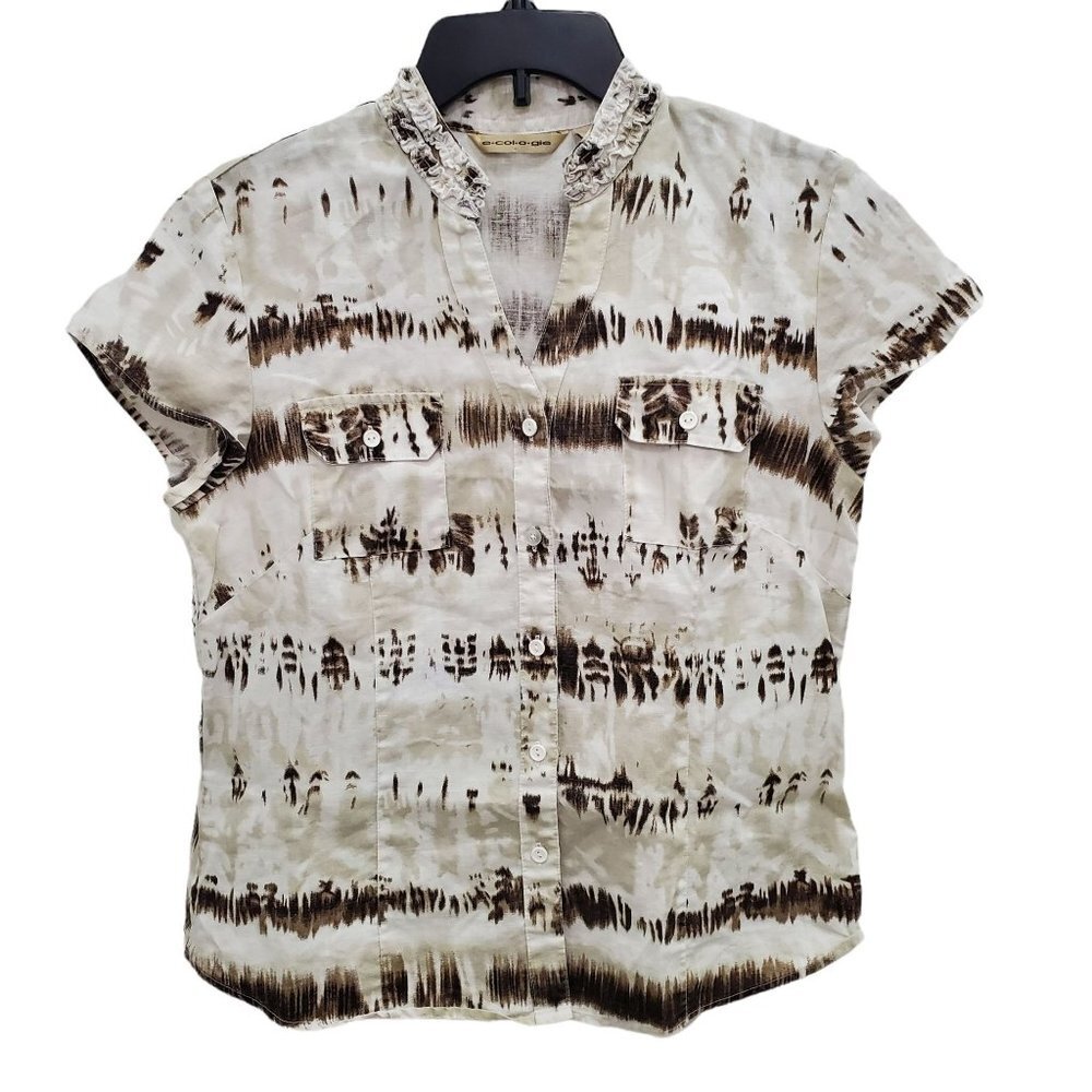 Ecologie‎ Women's Ivory Brown Watercolor 100% Linen Button Front Blouse Size M